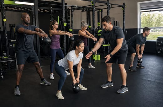 Group class working through a kettlebell circuit together