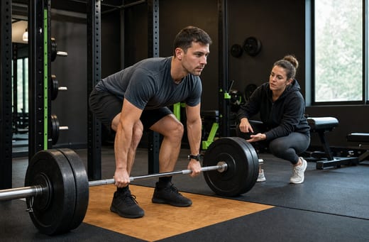 Member pulling a heavy barbell deadlift while a coach checks the setup