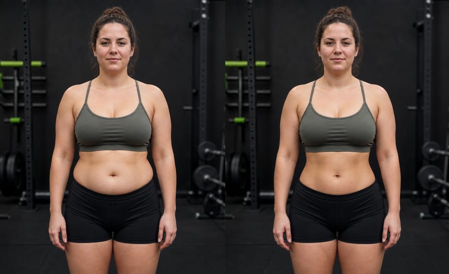 Emily photographed before and after a year of strength training