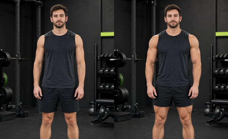 James photographed before and after eighteen months of coached training