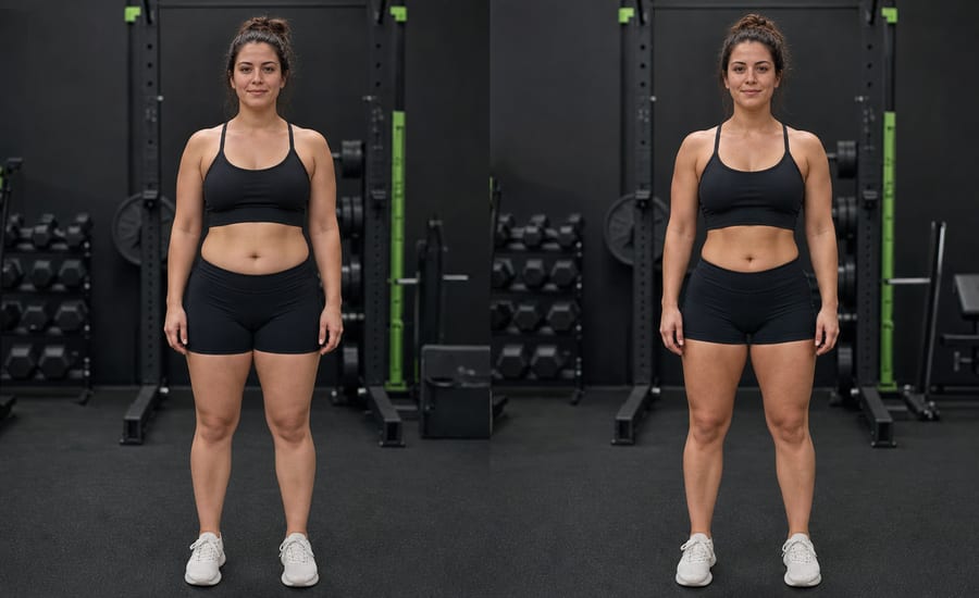 Sarah photographed before and after her coached training programme